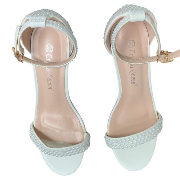 Crystal Queen Womens Size 5.5 Pearl White Open Toe 3.5" Heel Ankle Strap Shoes - Picture 3 of 8
